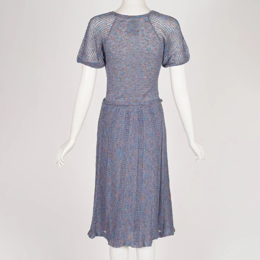 1970s Vintage "Ten Points" British Boutique Puff Sleeve Belted Knit Dress Sz XS - Picture 5 of 6